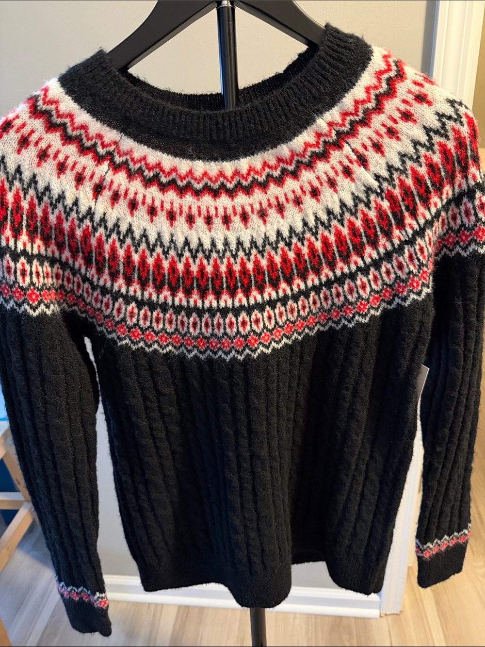 croft & barrow Black Crewneck Sweater with Red & White Fair Isle Yoke